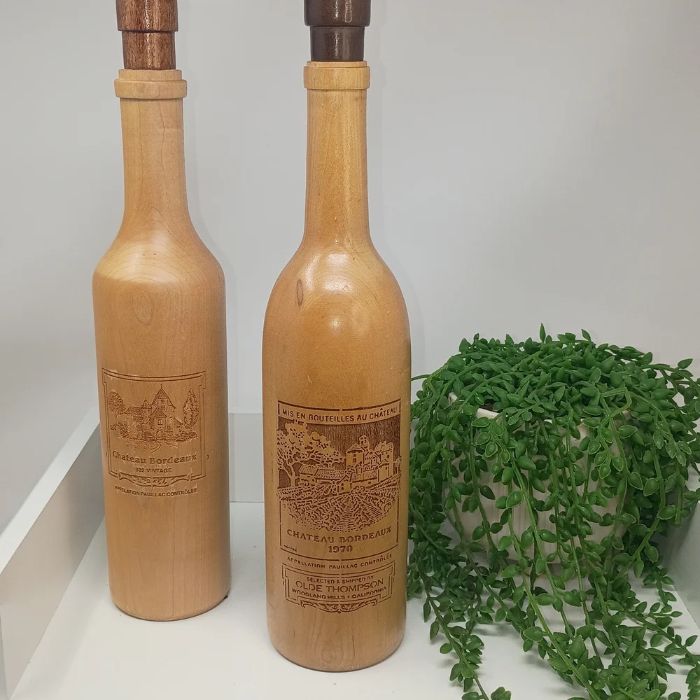 Vintage Chateau Bordeaux 1970 Wooden Wine Bottle Salt & Pepper Mill Set of 2 Eng